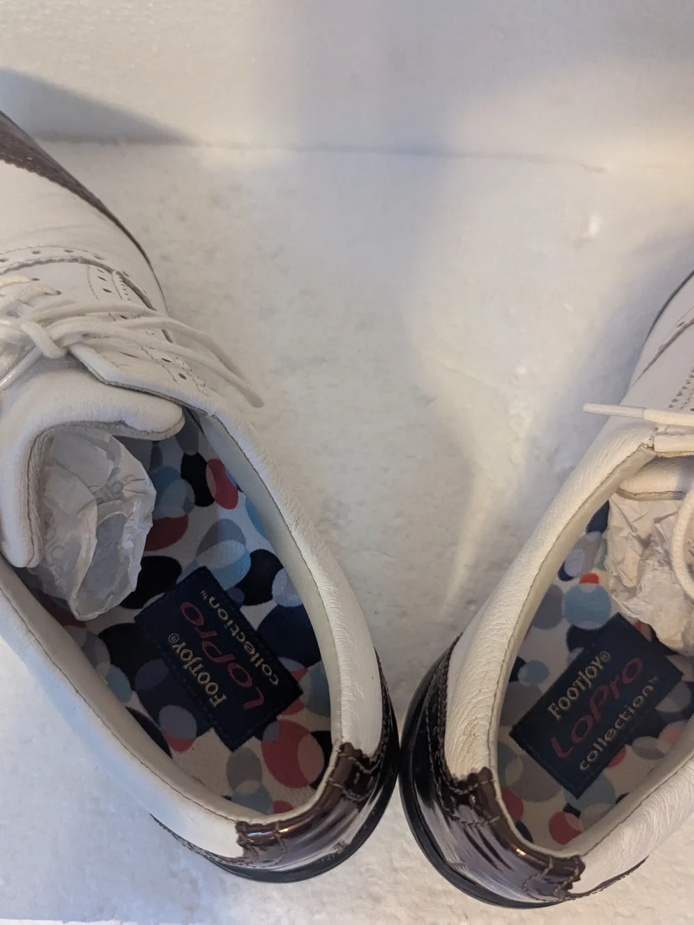 FootJoy White Golf Shoes with Brown Cap Toe